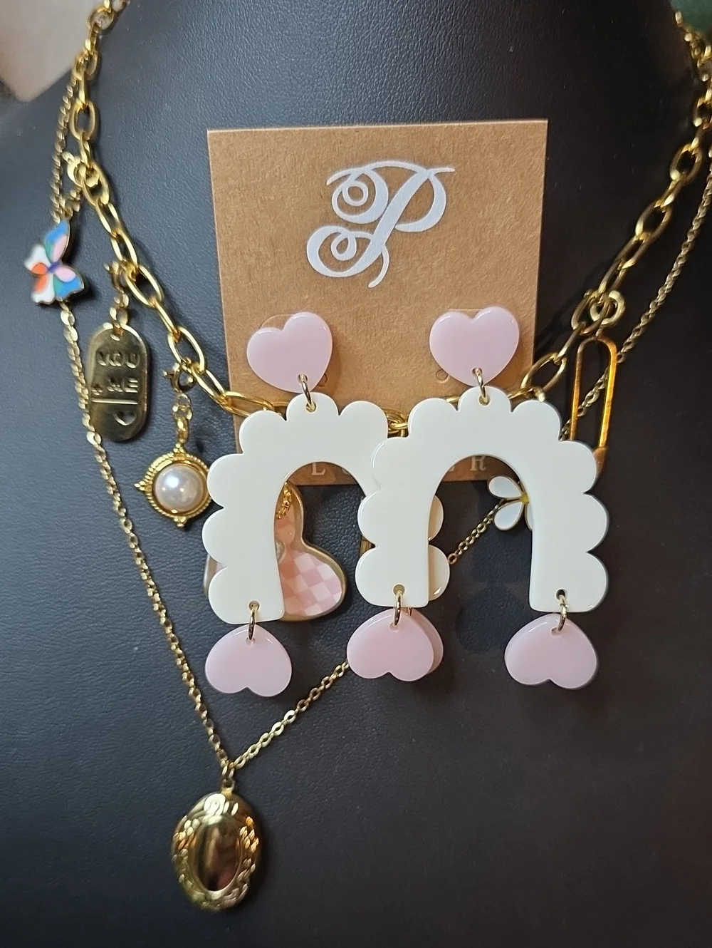 NEW Plunder Gold Tone Layered Charm and Locket Necklace Set with Earrings
